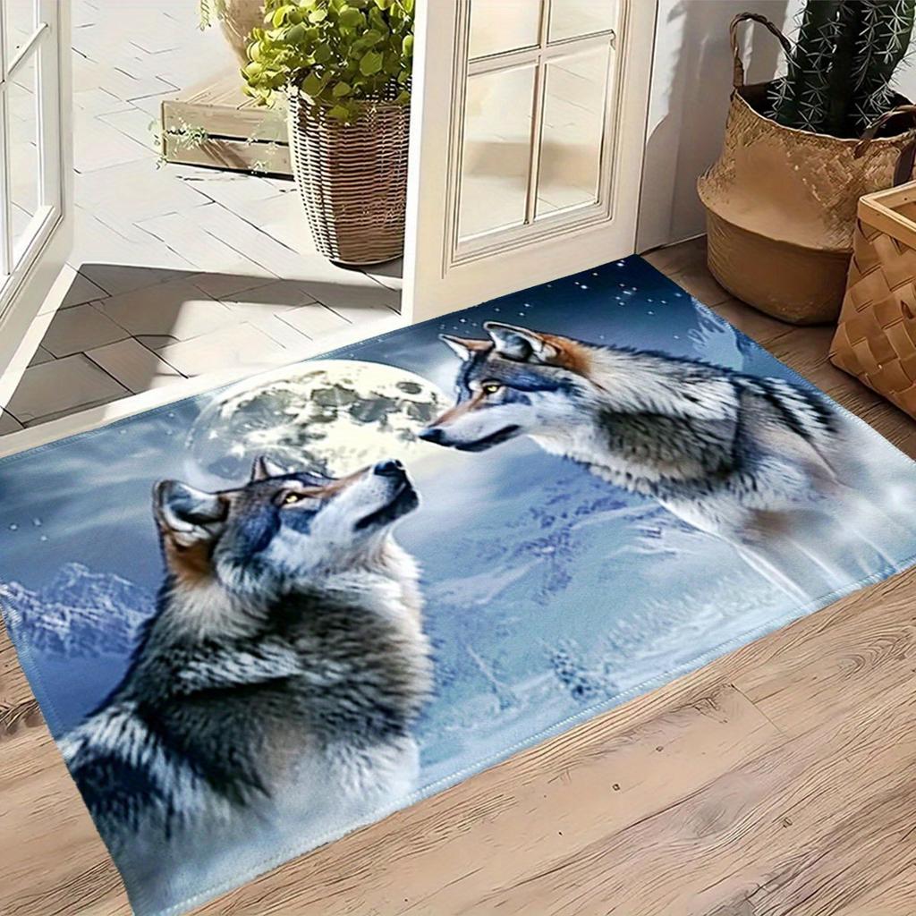 Wolf Moon Doormat Welcome Mat Outdoor Entrance Rug for House Pet Decor Waterproof Wolf Print Forest Trail Mat