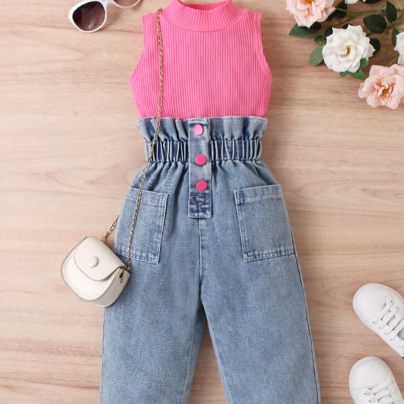 Mädchenmode-Set: Sommer Kinder Freizeit Einfarbig Ärmellos Pullover und Denim Hose Zweiteiliges Set