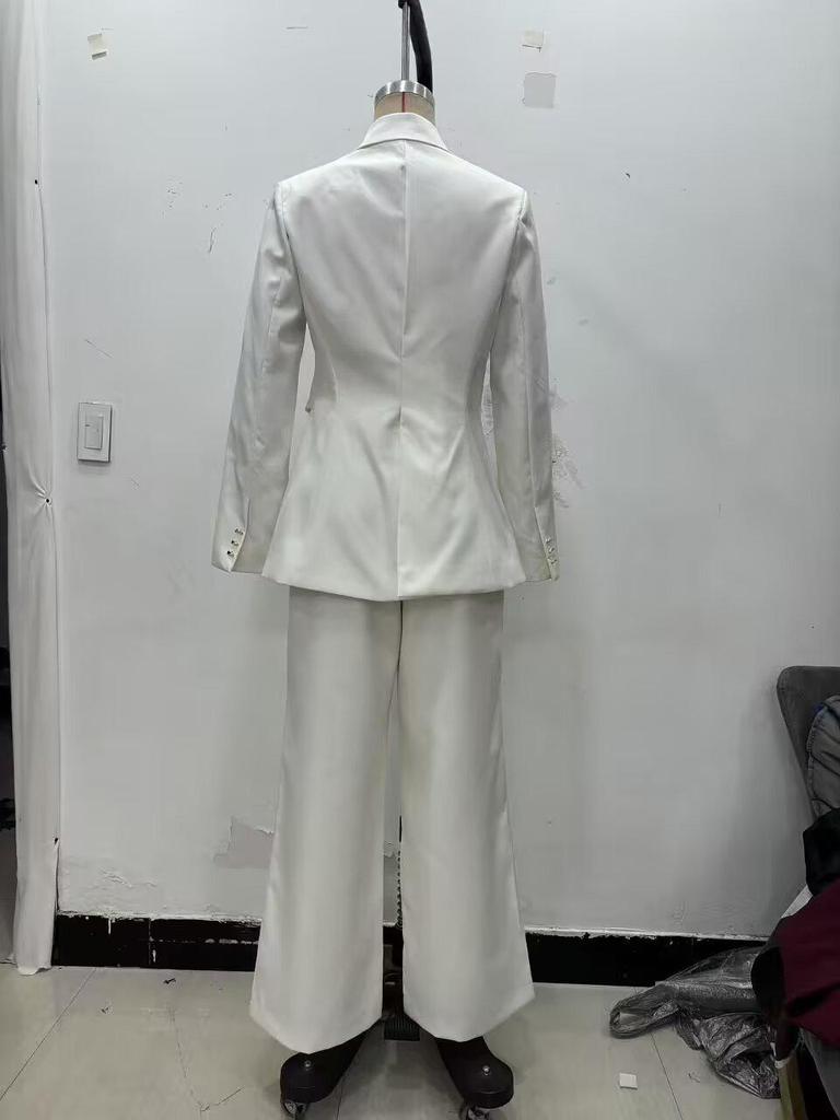 European American Style Fashion Suit: Buckle Decor Jacket & Straight-Leg Pants Two-Piece Slim Fit Set for Women