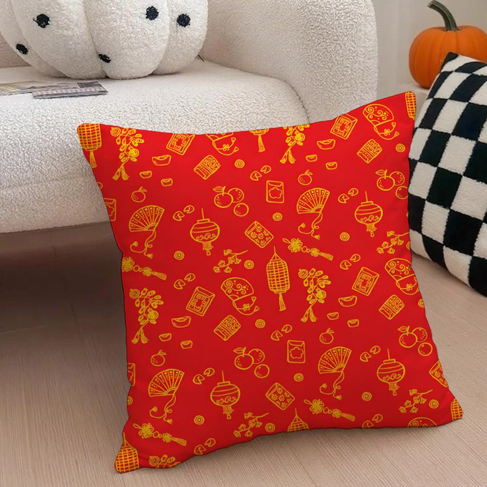 Chinese Red Festive and Auspicious Patterns Cushion Cover Throw Pillow Cover Hidden Button Durable Polyester Chair Cushion