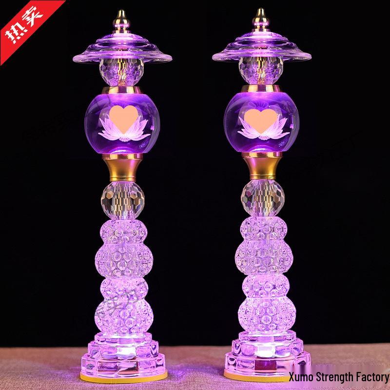 Buddha Altar Seven-Color Crystal Lotus Lamp, Plug-in Pair for Year of the Horse