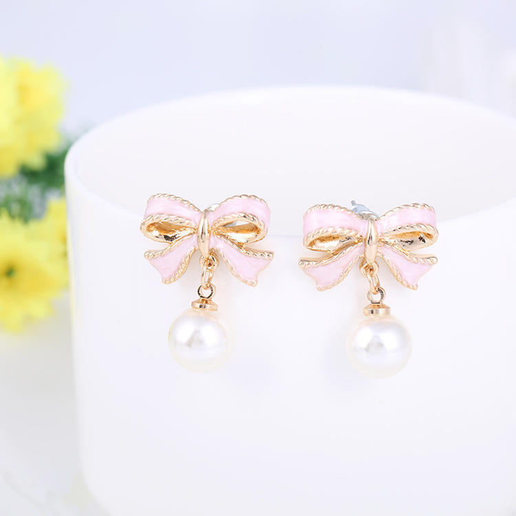 Bow Oil Dripping Earrings Shell Imitation Pearl Earrings Ear Clips No Ear Holes
