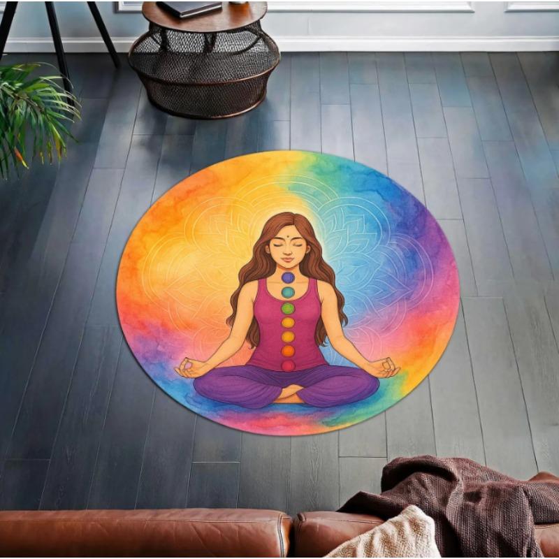 Round Yoga Rug with Chakra Meditation Design Spiritual Bohemian Rug for Meditation Room Yoga Studio Home Decor Having Aesthetic