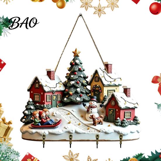 Christmas Gift for Home Winter Village Wooden Wall Hanging, Snow House Snowman Plaque, 4 Hook Lightweight Ornament Mount Key Holder, Holiday