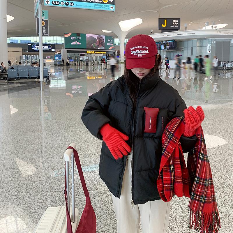 

Couple s 2025 new short patched down cotton jacket, American trendy brand thickened bread jacket, loose women s coat M чёрный