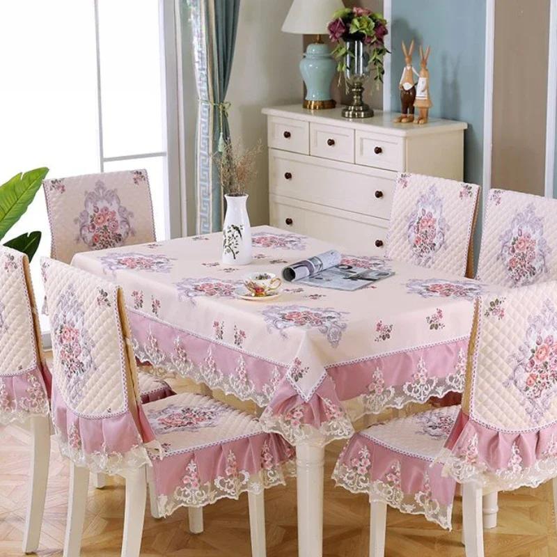 European Style Non Slip Dining Table Fabric Lace Edge Printed Chair Cover Four Seasons Universal Dining Chair Cushion Cover