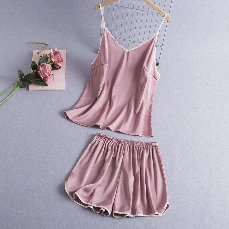 Women's Imitation Silk Pajamas Suspender Shorts Two-piece Simple Style Pajamas Suit Comfortable Home Clothes