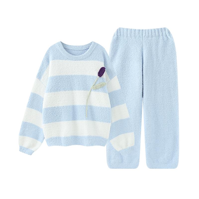 

Пижама в зеленую полоску, женская осенне-зимняя домашняя одежда, утепленный верхний костюм из кораллового флиса, который можно носить на улице. One Size синий