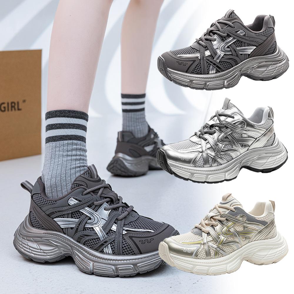 Trend tykksålede høydeøkende sølv pappa-sko for kvinner 2025 vår ny mote fritidssko høydeøkende sportssko for kvinner