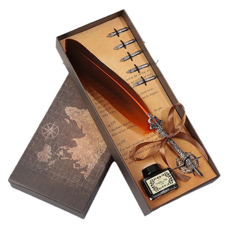 Map Creative Pen Gift Box Crown Quill Set Retro Metal Pen Pen Gift Pen