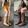 All cowhide but knee boots 2025 autumn and winter knight boots women's brown round head low heel sleeve high boots