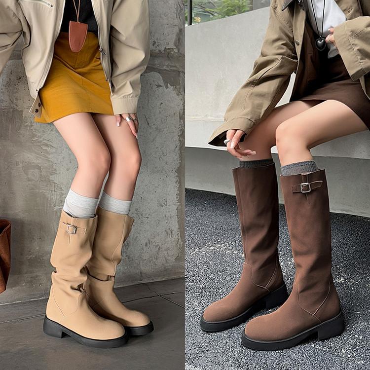 All cowhide but knee boots 2025 autumn and winter knight boots women's brown round head low heel sleeve high boots
