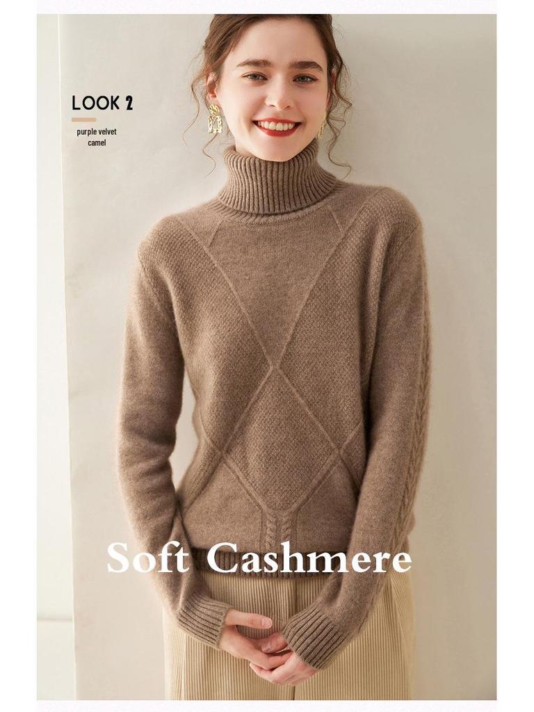 Women's Diamond Knit Cashmere Turtleneck Sweater - Thick, Stylish Base Layer for Autumn/Winter Outfits