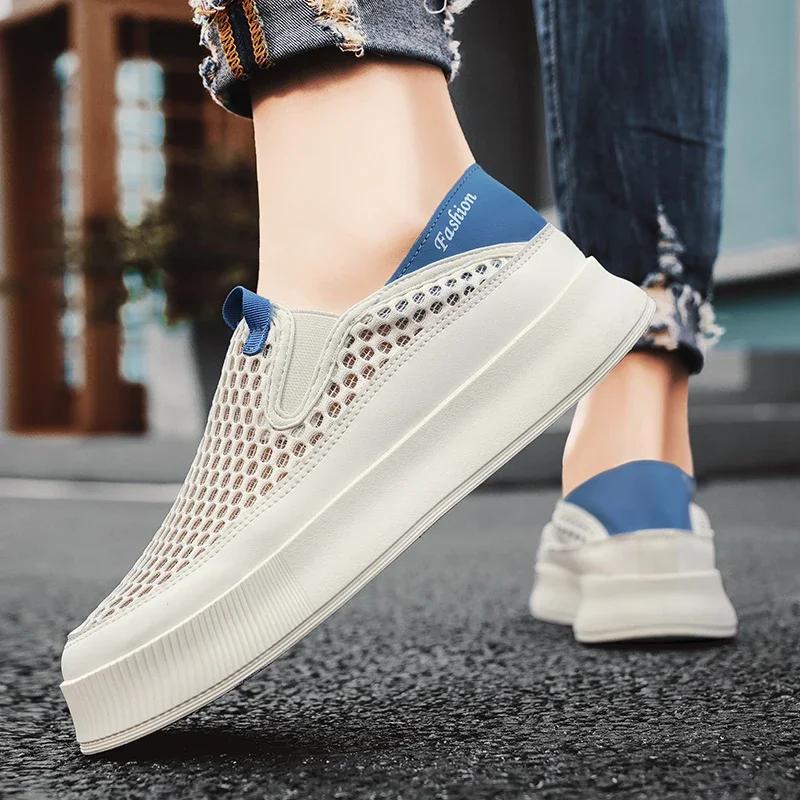 Сетчатая обувь 2025 Новая Летняя Полая Сетчатая Дышащая Спортивная и Повседневная Мужская Мягкая Подошва Одношаговая Ленивая Модная Обувь кеды для мужчин 39 бежевый