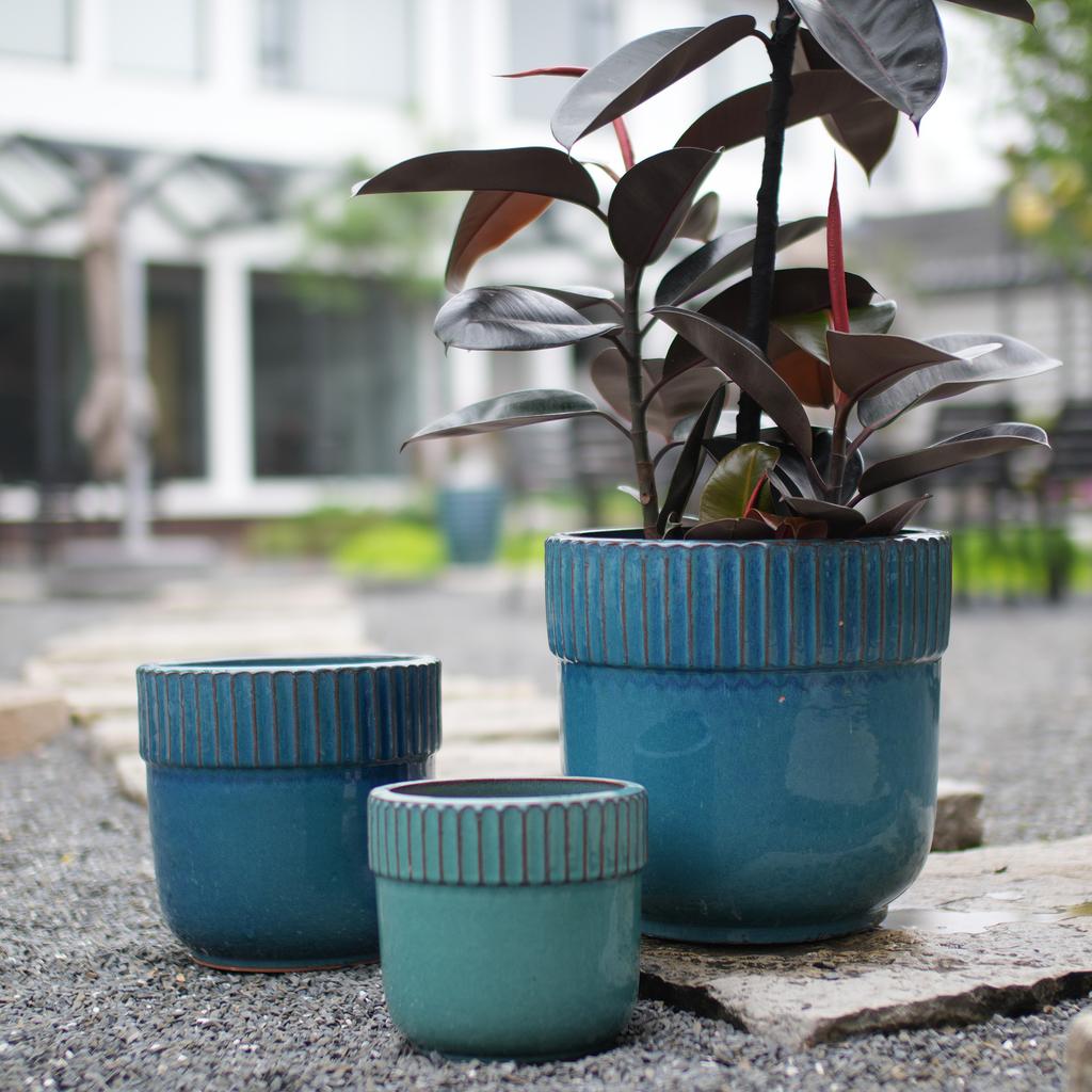 Handmade Ceramic Plant Pot Set 3-Piece (diameter 38/30.5/23 Cm), Glossy Turquoise Blue with Vertical Groove Trim, Frost-Resistant, with Drainage Holes