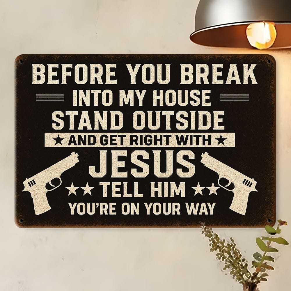 Vintage Gun Humor Sign - Rustic "No Trespassing" Metal Decor for Collector Spaces