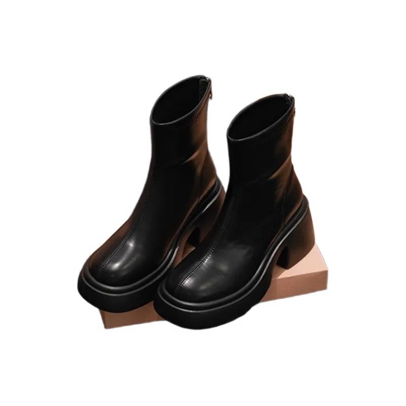 Botas elásticas de salto alto grosso, botas curtas, outono e inverno, novas, à prova d'água, sola grossa, cano médio fino, botas de cavaleiro