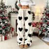 Soft Drawstring Sleeping Trousers Women Fuzzy Pants, Heart Print Wide Leg Pajama Bottoms with Elastic Cozy Winter Home Pants Waist Drawstring,