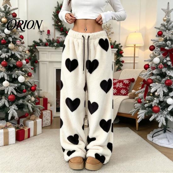 Soft Drawstring Sleeping Trousers Women Fuzzy Pants, Heart Print Wide Leg Pajama Bottoms with Elastic Cozy Winter Home Pants Waist Drawstring,