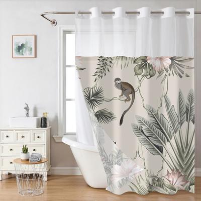 No Hook  Plant Pattern Shower Curtain With Snap-in Fabric Liner, Sheer Top Window, Waterproof Double Layer Bathtub Curtain