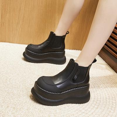 Thick-soled Cigarette Boots Women's Autumn and Winter New Medium Tube Chelsea Women's Boots Versatile Height-increasing Short Boots Black Martin Boots