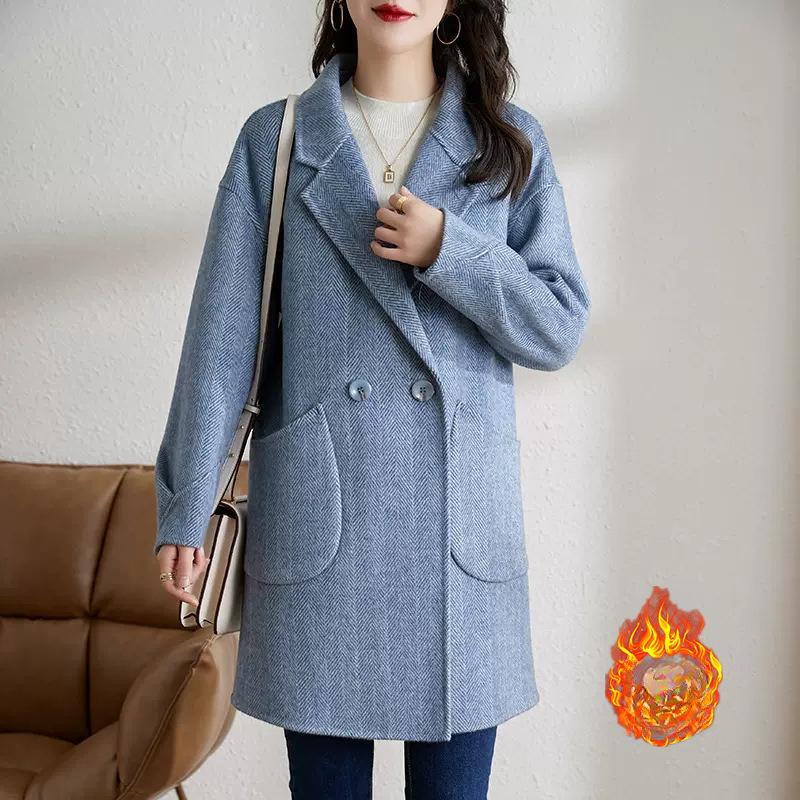 Woolen Coat Women's New Autumn and Winter Korean Version Temperament Thickened Medium and Long Herringbone Pattern Woolen Coat