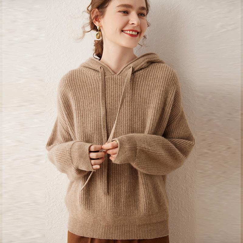 Women's Super Thick Cashmere Knit Hoodie - Autumn/Winter Long Sleeve Loose Casual Pullover Sweater