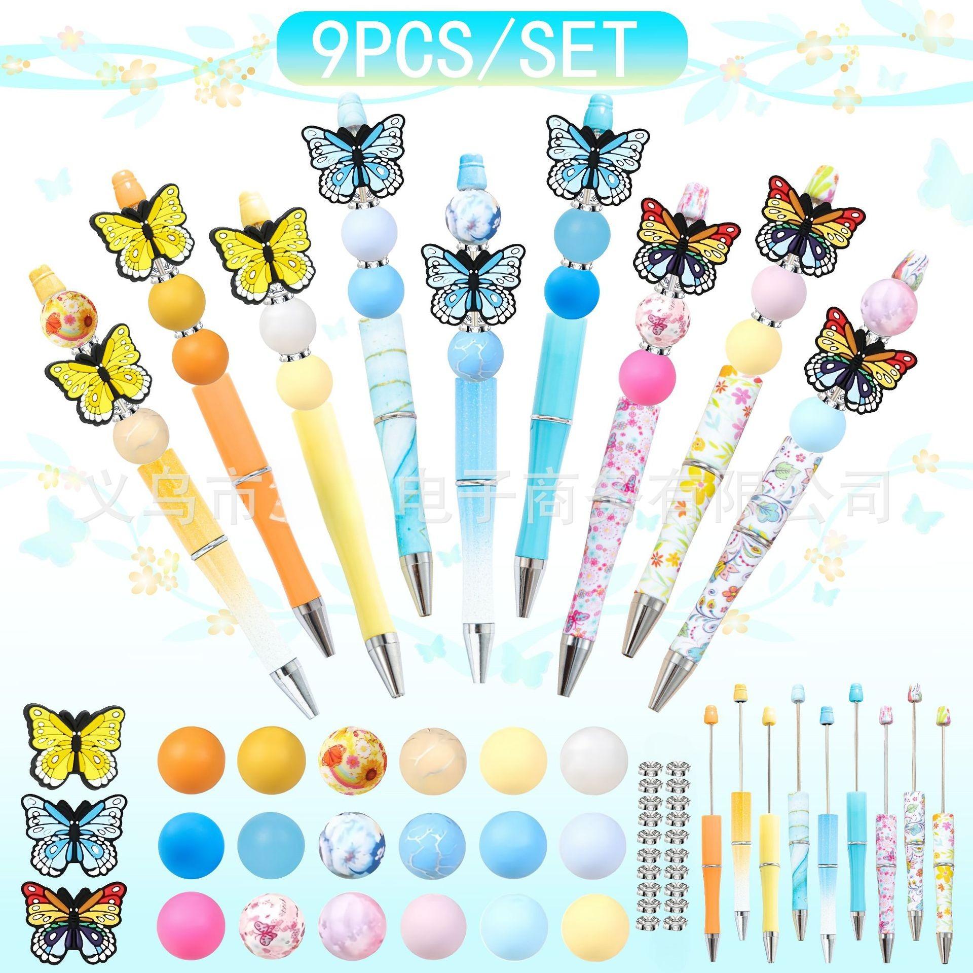 Silicone Bead Pen Gift Set Student Supplies Spring Summer Blue Yellow Orange Gradient Butterfly Daisy Theme DIY Beaded Pen