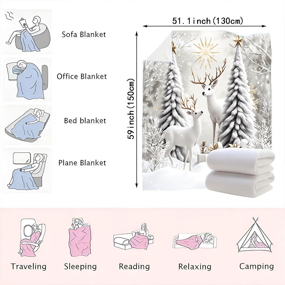 Christmas Winter Wonderland Blanket - Featuring Two White Deer with Golden Antlers, Snow-Covered Evergreens, Golden Sunburst & G