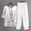 2 Pcs/Set Women T-shirt Pants Set Flower Print Elastic Waist Half Sleeves Round