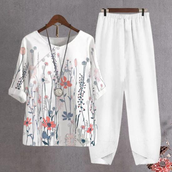 2 Pcs/Set Women T-shirt Pants Set Flower Print Elastic Waist Half Sleeves Round