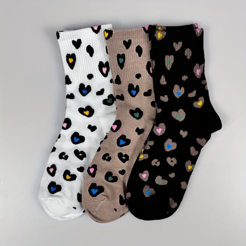 3 par damstrumpor för höst- och vintermode, trendiga randiga leopardmönstrade söta kärleksfulla tubstrumpor