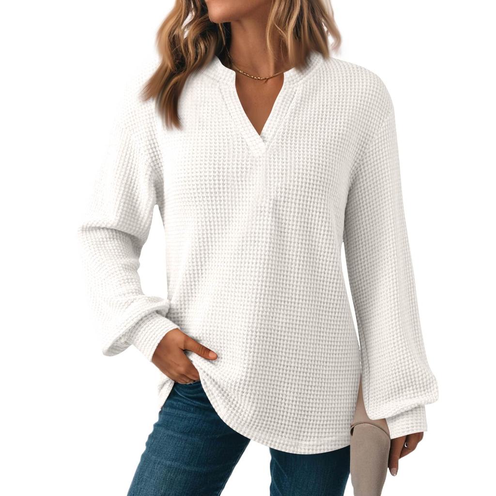 Women's Fashion Long Sleeve  Knit V-Neck Solid Color Casual Top