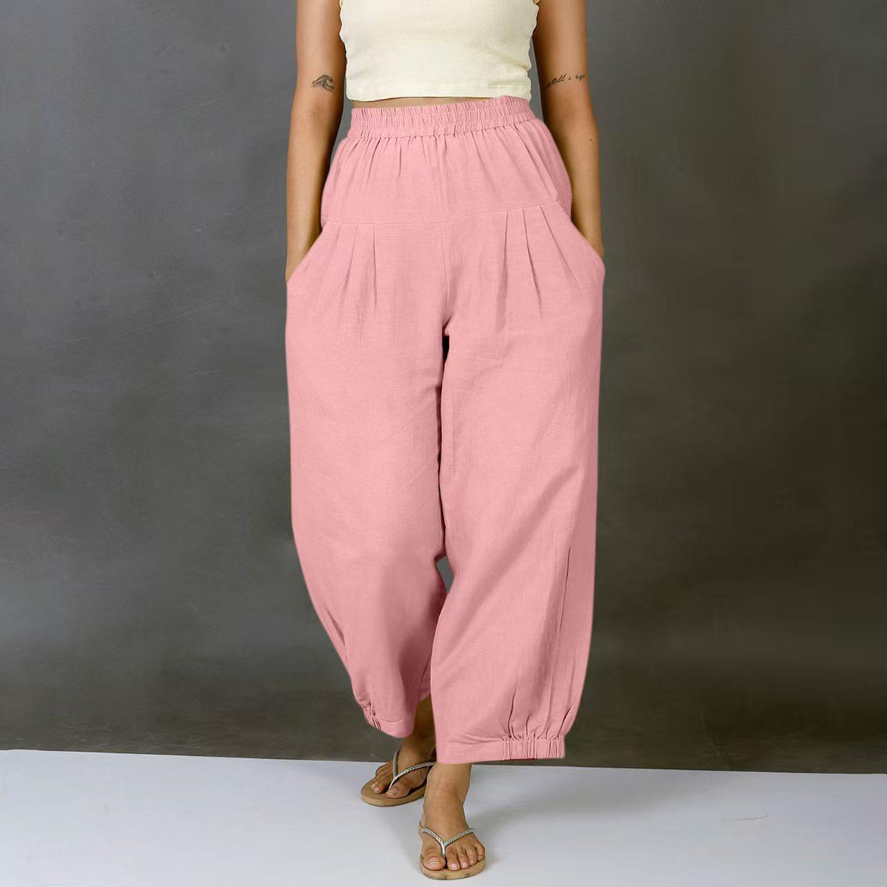 Women s Bohemian Cotton Linen Elastic Waist Long Pants with Pockets Small розовый