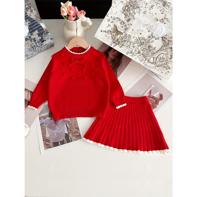

Autumn and Winter Girls Sweater Set: Solid Color Pullover Knit Top and Half-Skirt Two-Piece Outfit for Girls, Red 90cm красный
