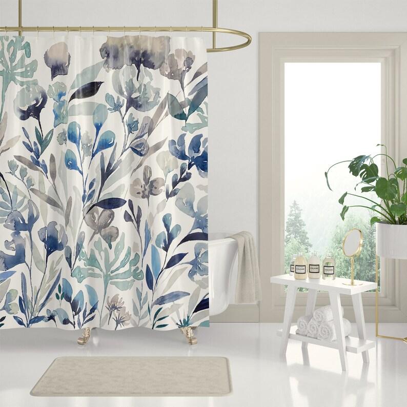 Blue Flowers On Shower Curtains | Floral Watercolor Print Shower Curtains | Bathroom Refresh Gifts | 71x74 In