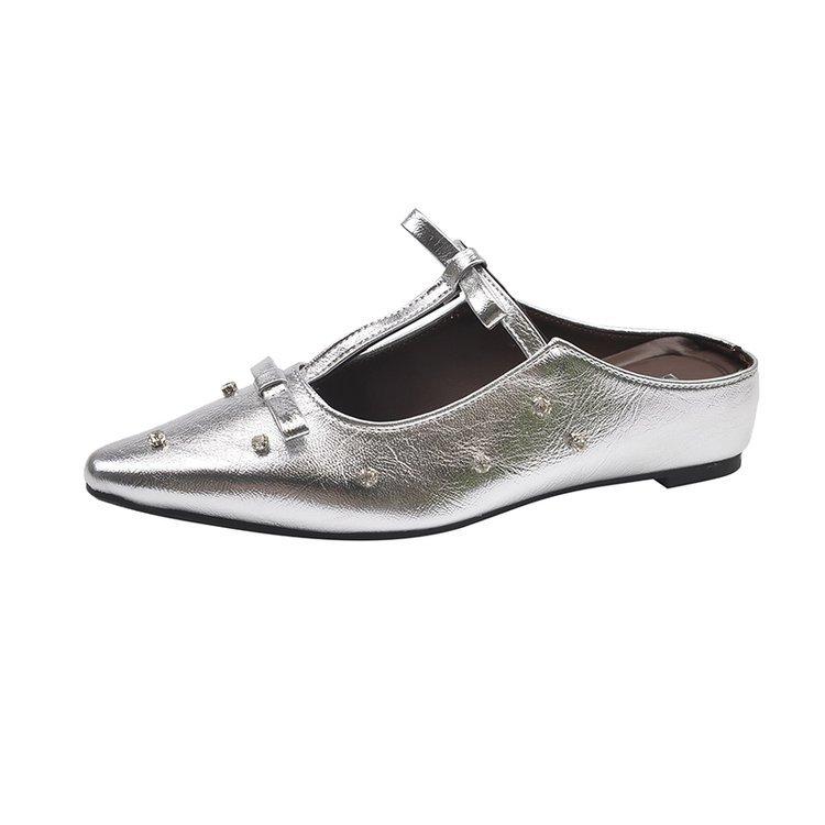 Soft Leather Version~ Baotou Half Slippers Sweet Sandals French Evening Wind Rhinestone Pointed Bow Empty Muller Shoes