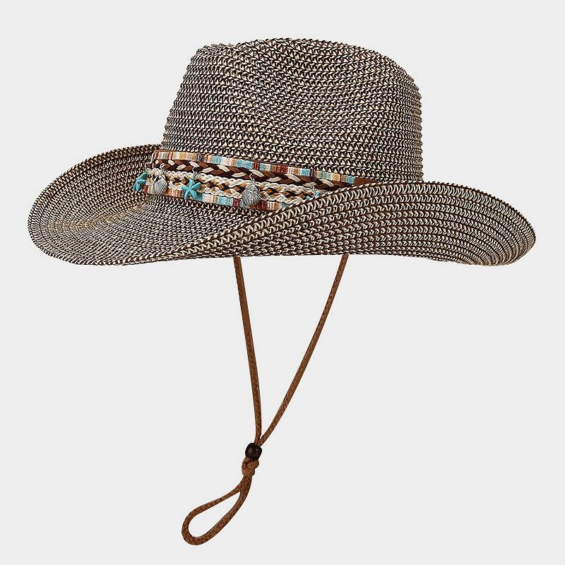 

Соломенная ковбойская шляпа ручной работы в стиле бохо-шик с синими акцентами — дышащая, легкая и стильная для женщин one size темно-коричневого