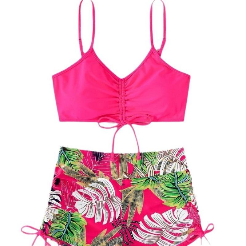 European and American Swimwear Boxers Split Swimsuit Printed Tube Top Sling High Waist Conservative Swimsuit Strap Drawstring
