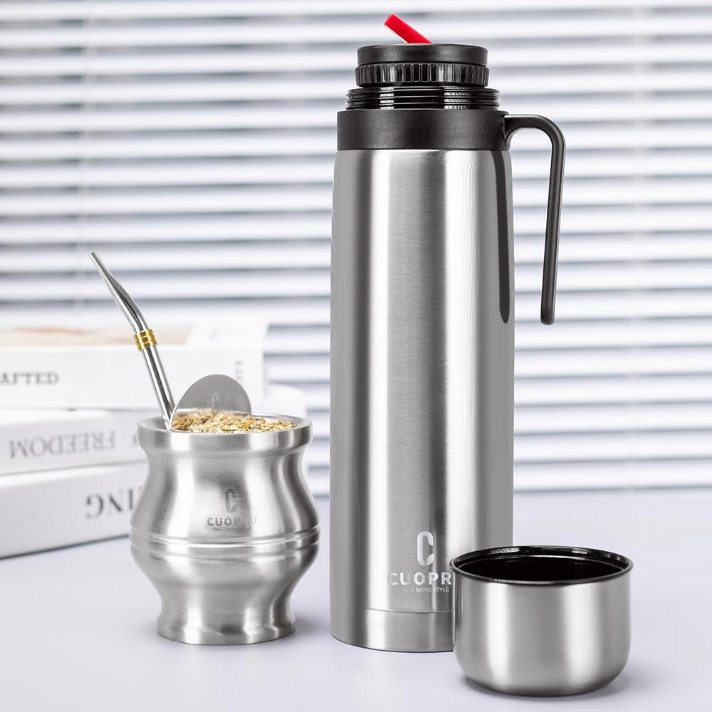 Yerba Mate Kit - Modern Mate Gourd, Bombilla, Cleaning Brush, Thermos Set Included - Premium 304 Stainless Steel (Silver)