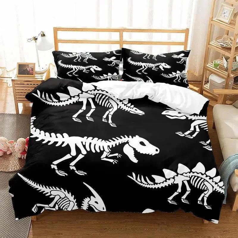Print Dinosaur Bone Skeleton Child Soft Duvet Cover Beding Set Microfiber Fabric Bedrom Quilt Set featuring Pilowcases Double Single