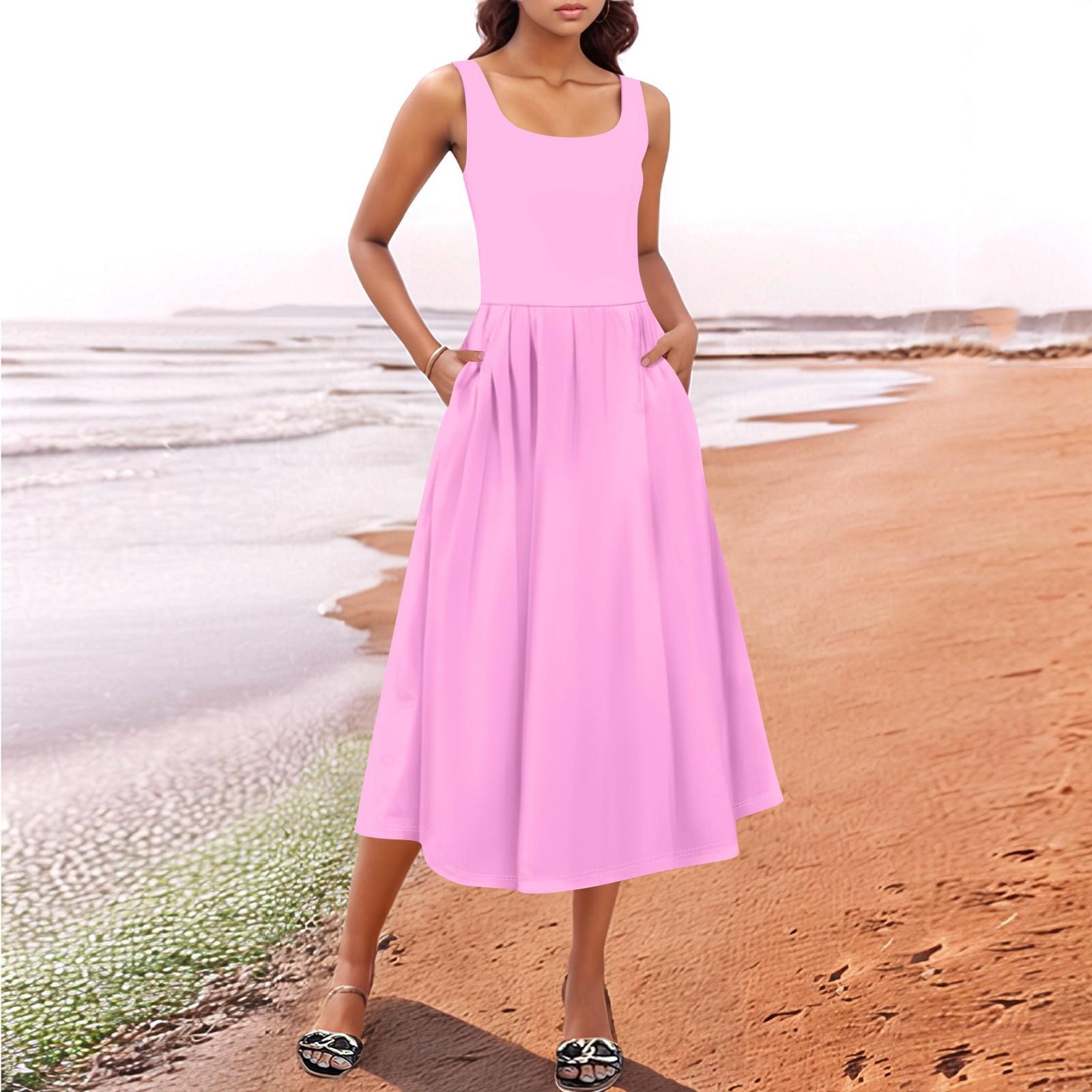 

Жіночий літній весняний повсякденний однотонний сарафан без рукавів, пляжні сукні-майки L рожевий