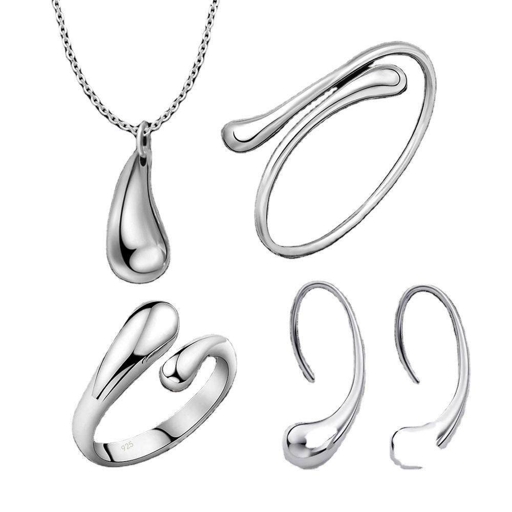 Retro Silver Jewelry Set: Water Drop Earrings, Bracelet, Necklace, Ring, and Oval Earrings for Women