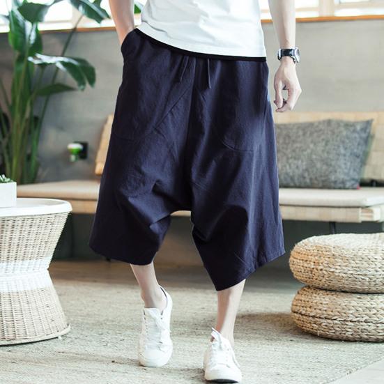Pánské kalhoty se sníženým rozkrokem, volné, ležérní, jednobarevné, s vysokým pasem, zkrácené kalhoty pro každodenní nošení