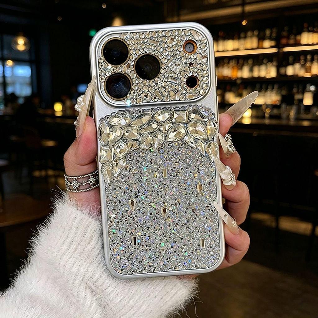Luxury Leather iPhone 15 Pro Max Case with Hand-Set Rhinestones for Women