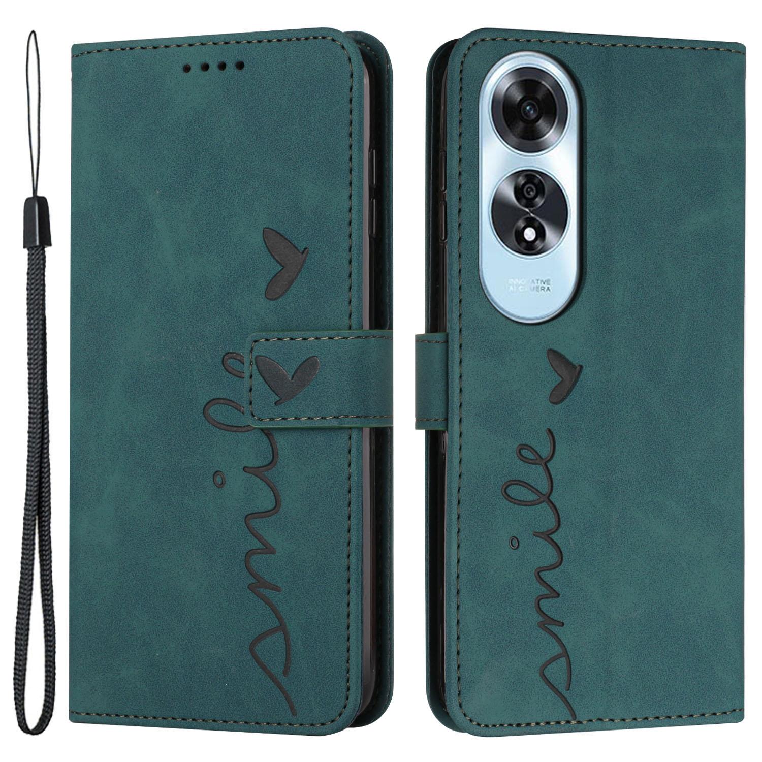 

For Oppo A60 4G Case Heart Imprinted PU Leather Wallet Phone Cover with Strap Green
