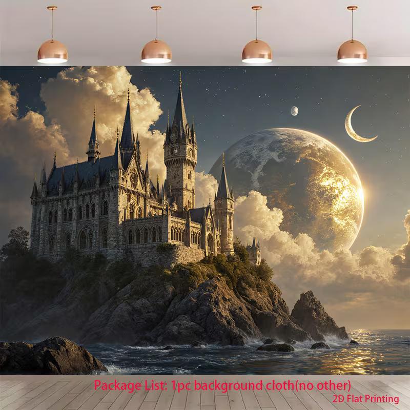 

2D Fantasy Themed Backdrop, Gothic Castle on a Cliff with Giant Planet Background 47.2x31.5inch/120*80cm