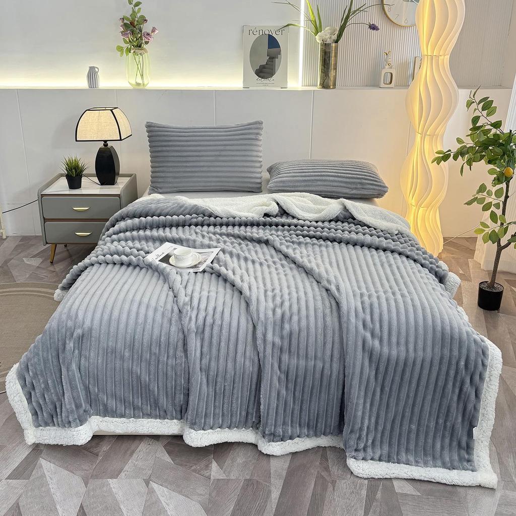 Lambswool & Faux Rabbit Fur Striped Blanket - Sofa Nap & AC Cover