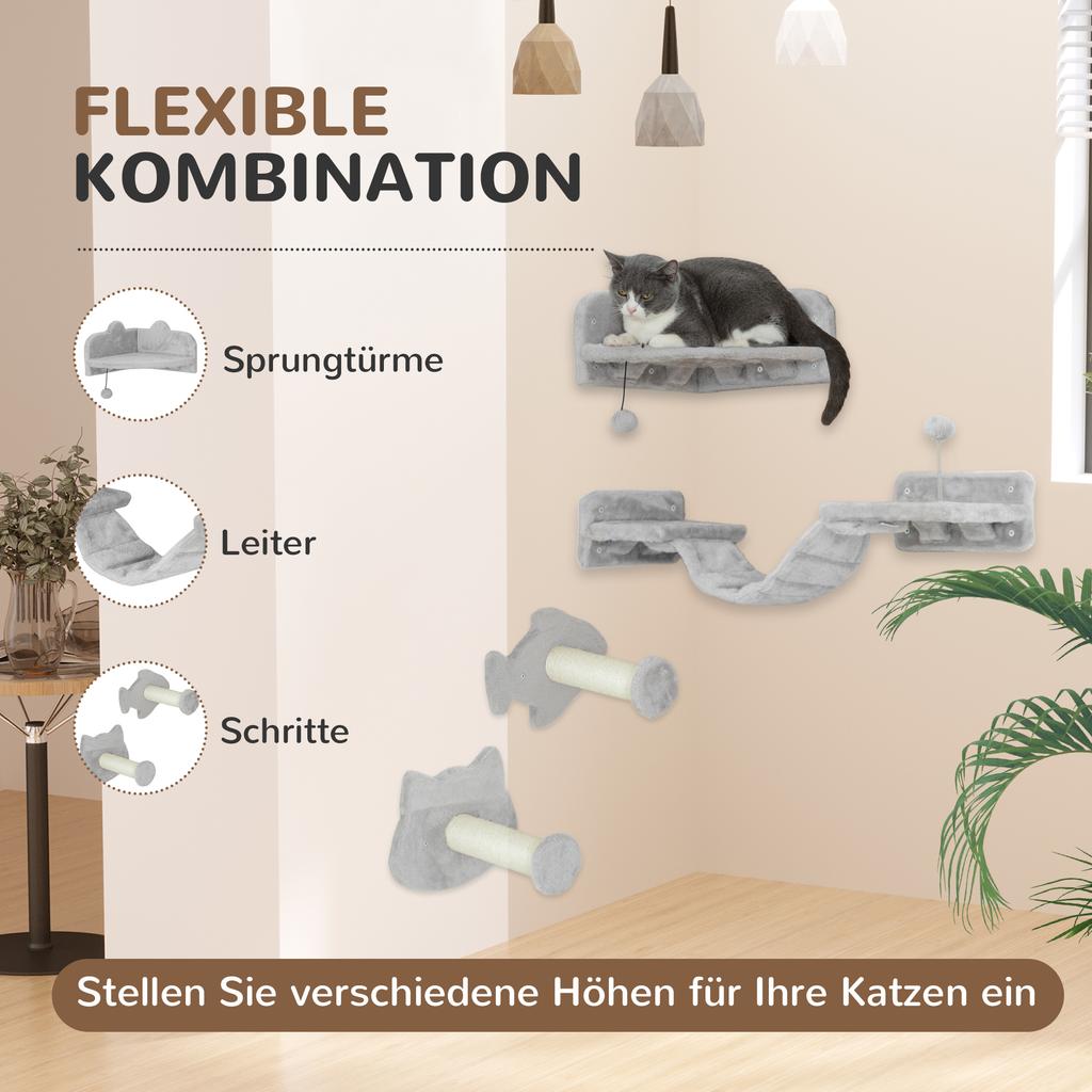 4-Piece Cat Wall Shelves with Steps, Ladder, Jumping Platforms, Light Grey