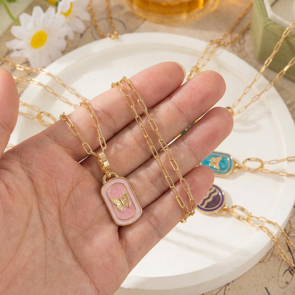 Colorful Drip Oil Butterfly Flower Heart Necklace - European & American Fashion Style